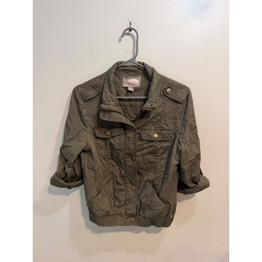 Love 21 Womens Olive Green Cotton Utility Jacket Military Roll Tab Sleeve XS